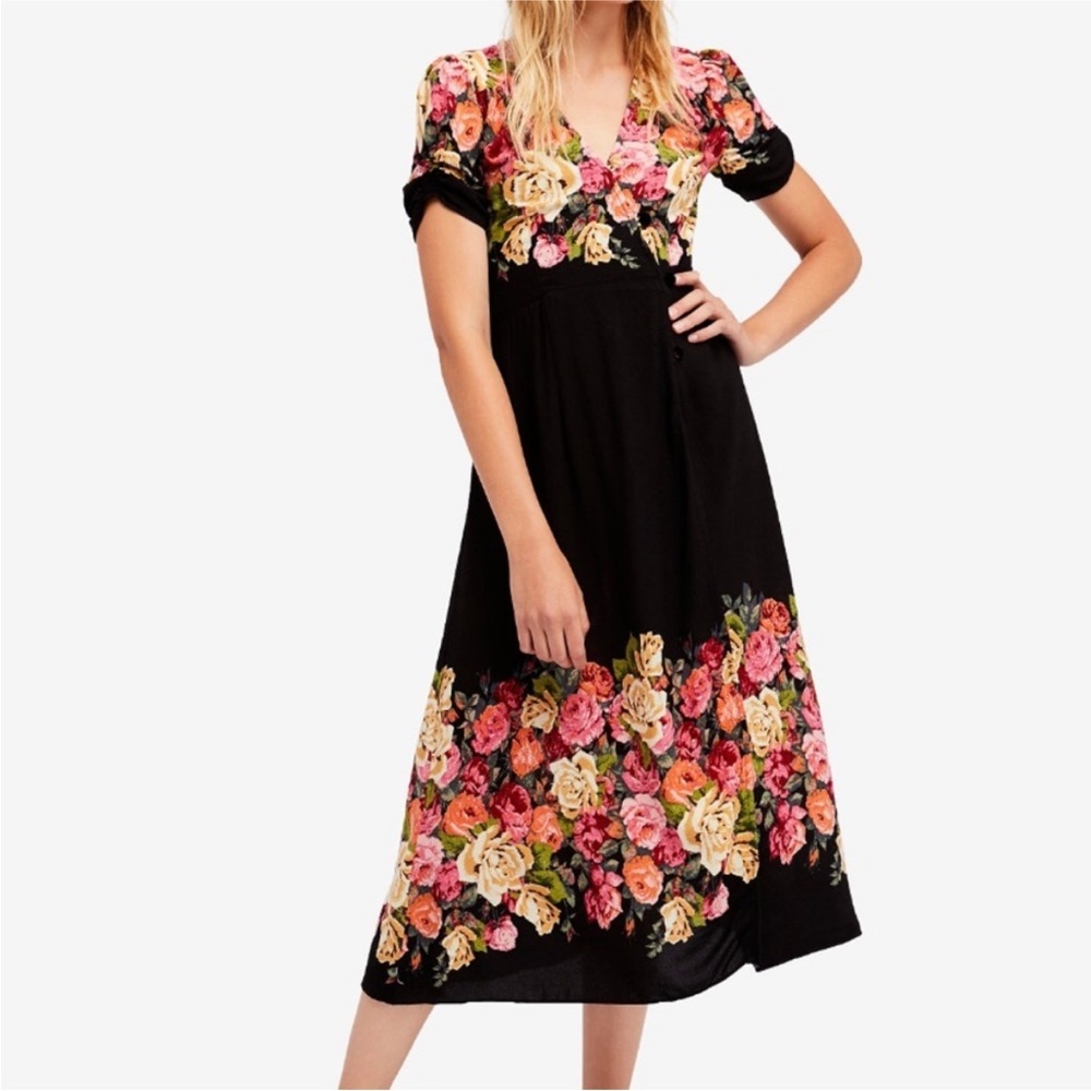 Free People Jaimie Midi Dress Black Combo Floral Ruched Boho Moto Size Small